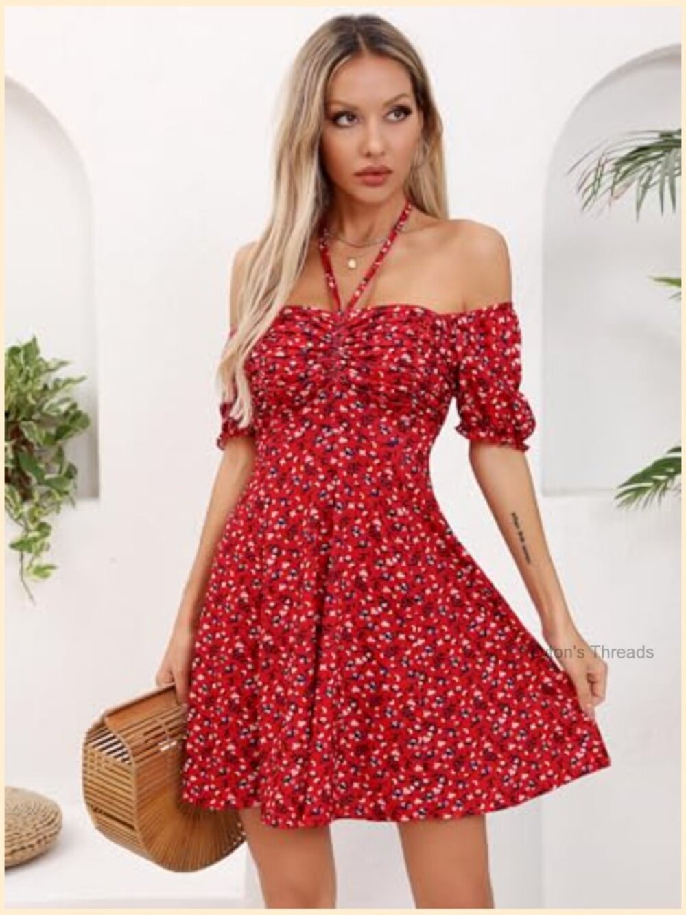 Puff Short Sleeve Fit and Flare Drawstring Floral Mini Sun Dress Summer - Picture 4 of 5